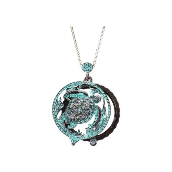 Verdigris Patina Turtle Magnifying Glass Pendant Long Necklace - Picture 2 of 3